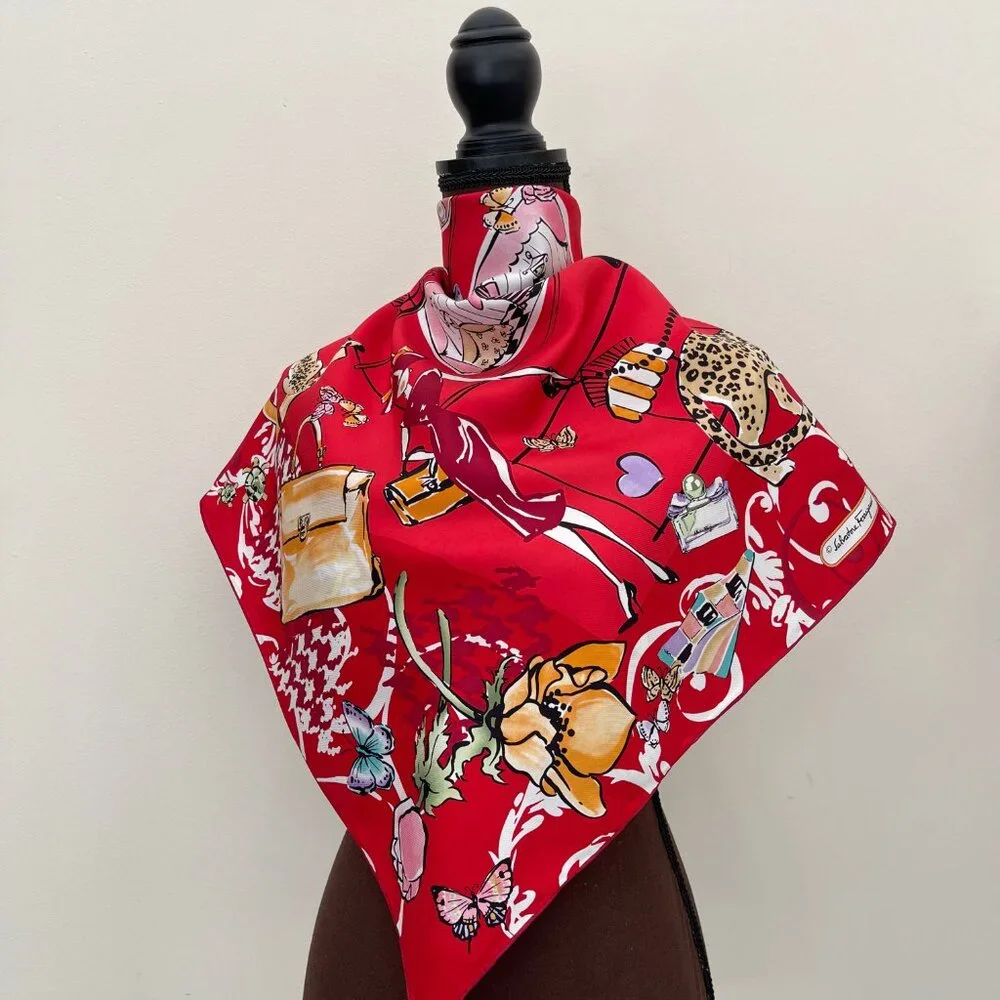 New Salvatore Ferragamo Icone Red Multicolor Silk Scarf